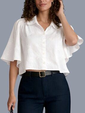 Caroline Constas Women's Embroidered Cropped Babydoll Top Cotton White Size XS